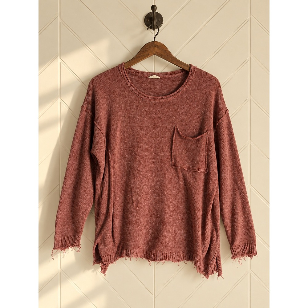Easel Sweater Distressed Raw Hem Oversized Knit Mauve Rose 2X